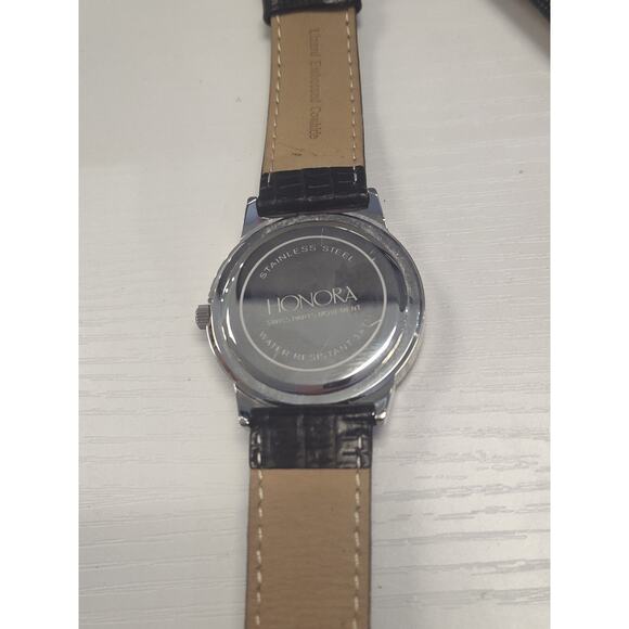 Honora Watch 1.00 Ct Black Spinel Bezel Leather 38mm Fits 7 -9" New Battery - Picture 3 of 4